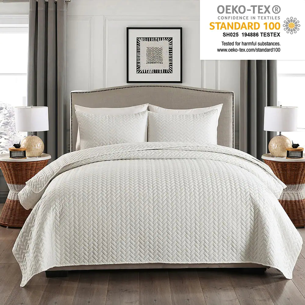 3-piece Fashionable Solid Embossed Quilt Set Bedspread Cover - White coin - King