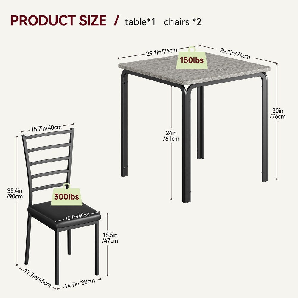 3-piece Wood Square Kitchen Dining Table Set for Apartment - Grey