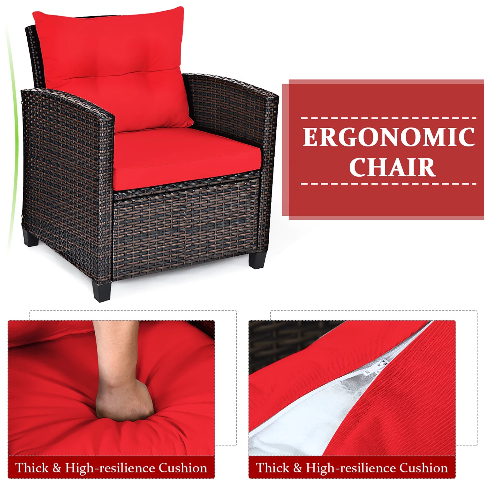 3PCS Patio Rattan Furniture Set Cushioned Conversation Set Sofa Coffee Table Red