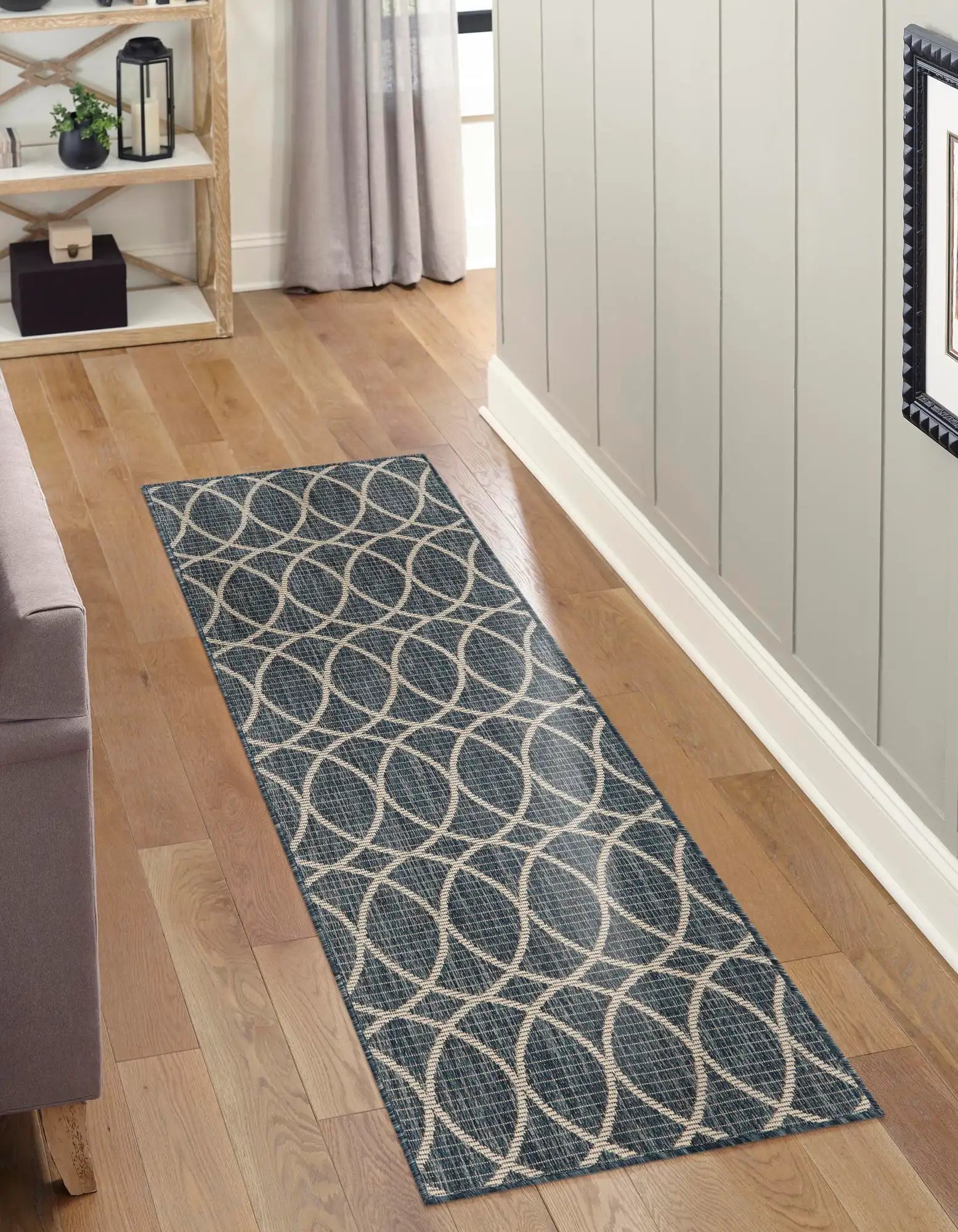 Blue Outdoor Trellis Runner Rug