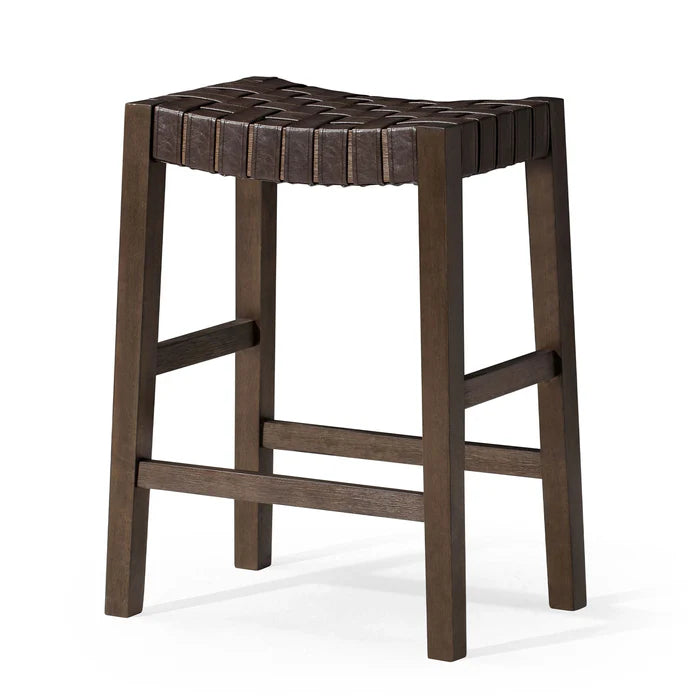 Emerson Counter Stool in Weathered Brown Wood Finish with Marksman Saddle Vegan Leather