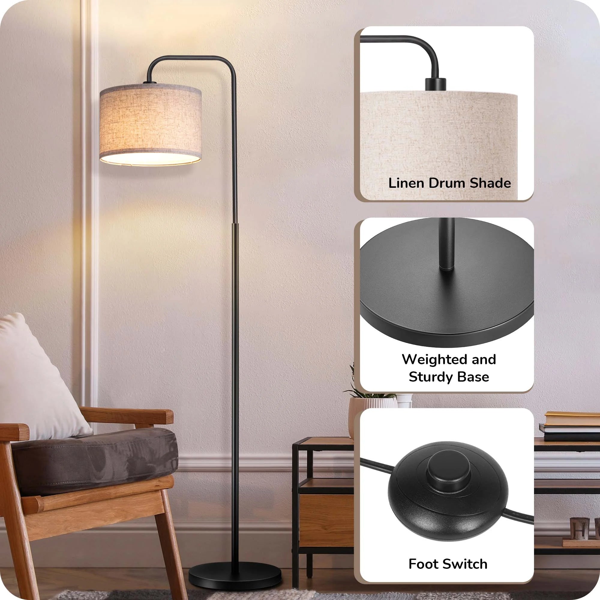 Modern Arc Floor Lamp with Remote Control Metal Dimmable Pole Lamp with Shade
