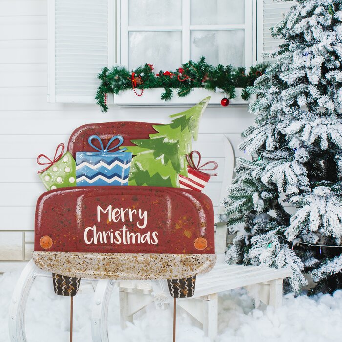 32"H Rusty Metal Christmas Truck Yard Stake or Standing Decor or Wall Decor (no further discounts)