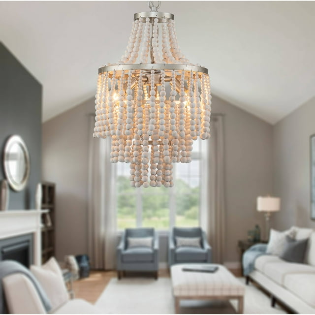 Bead Chandeliers, Rustic White Finish