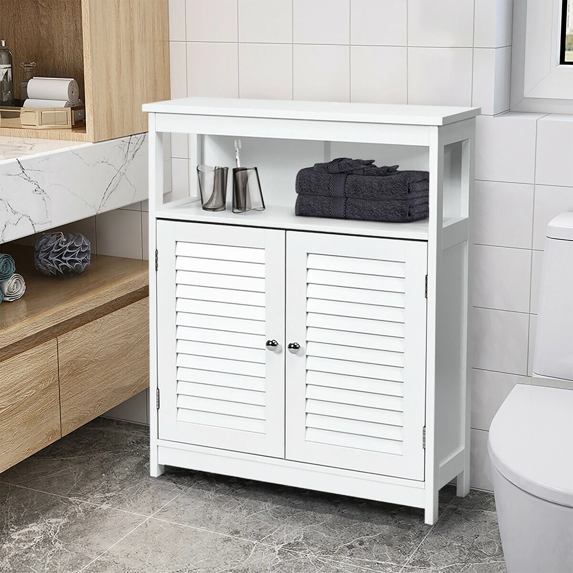 Bathroom Storage Wood Floor Cabinet with Double Shutter Door White
