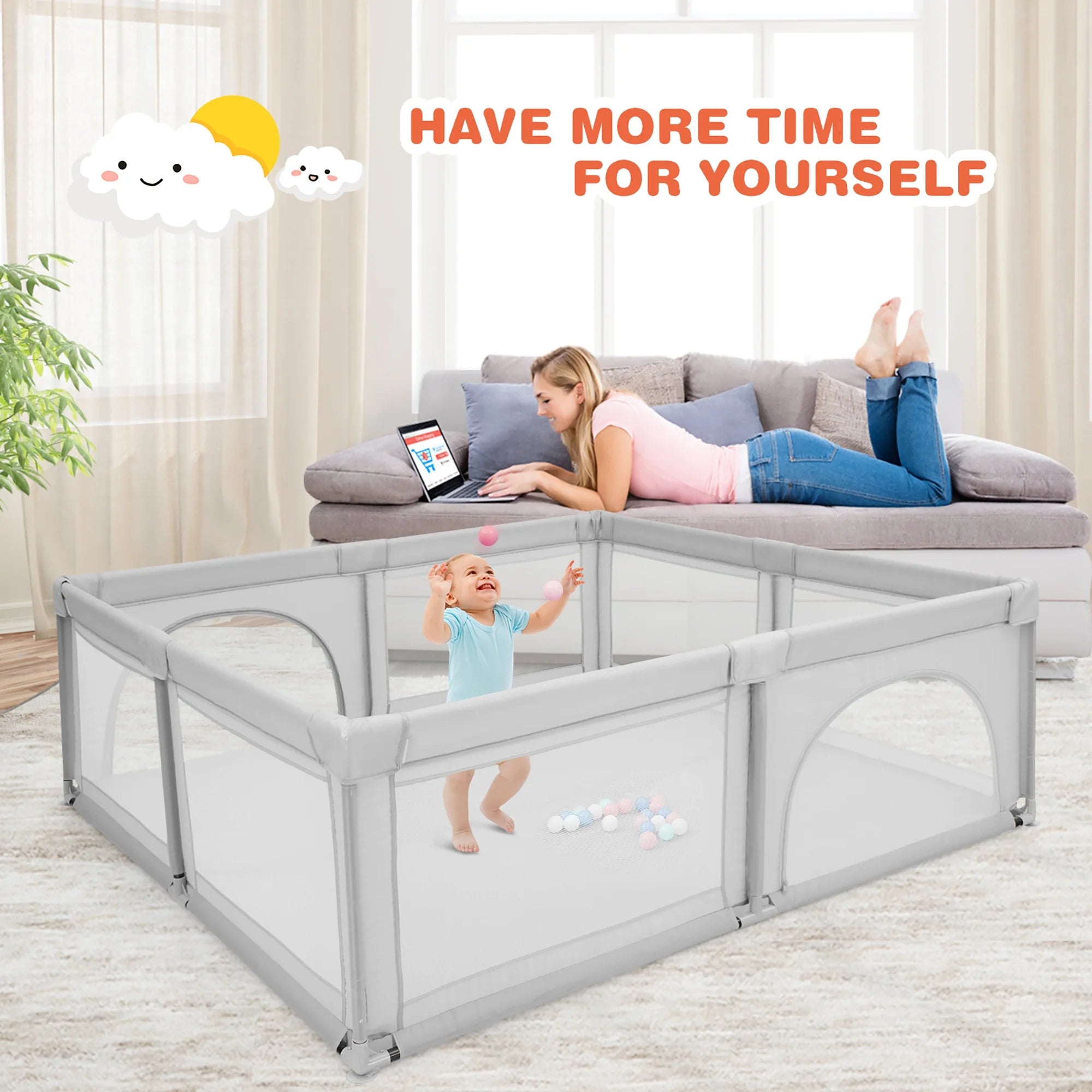 Baby Playpen Infant Large Safety Play Center Yard with 50 Ocean Balls Grey