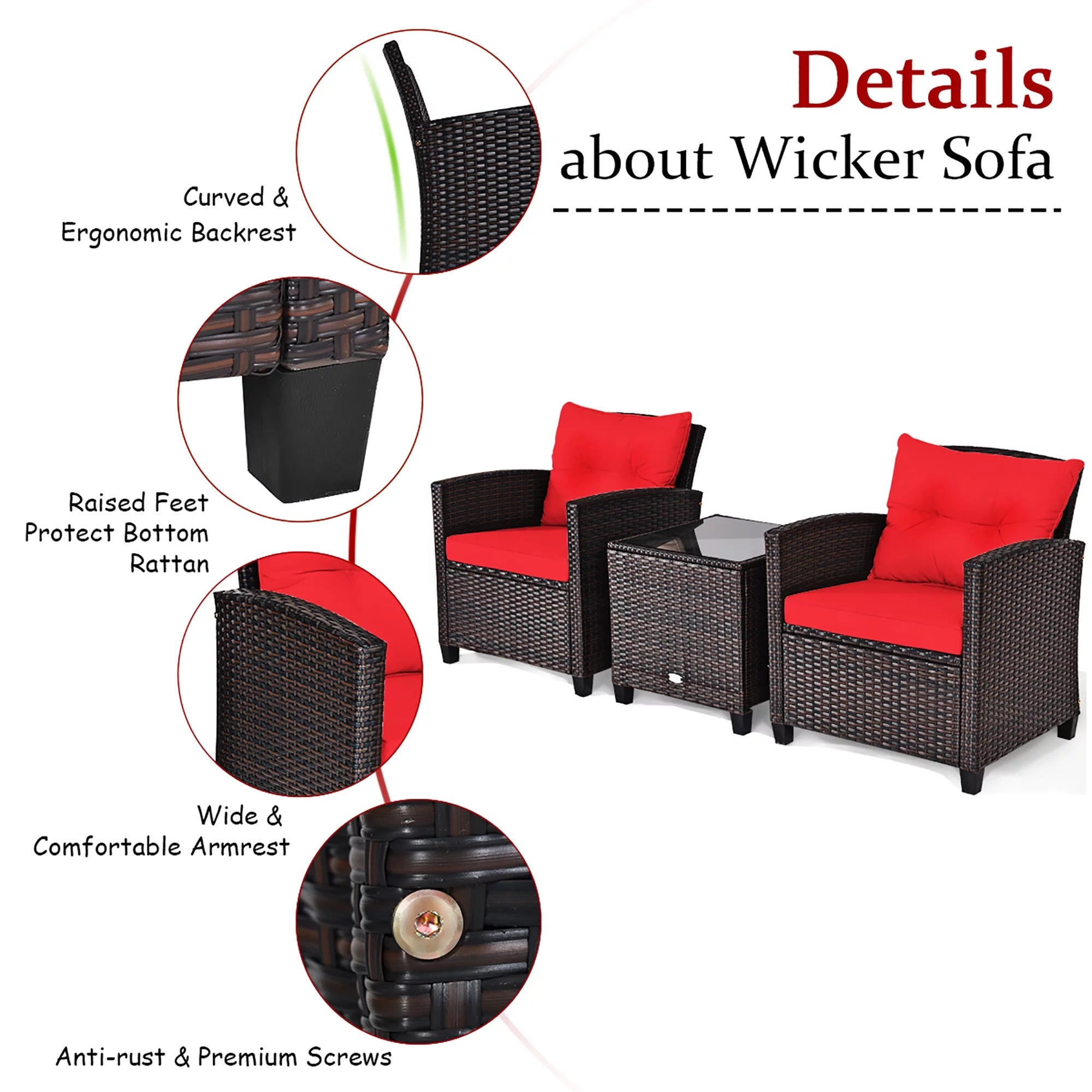 3PCS Patio Rattan Furniture Set Cushioned Conversation Set Sofa Coffee Table Red
