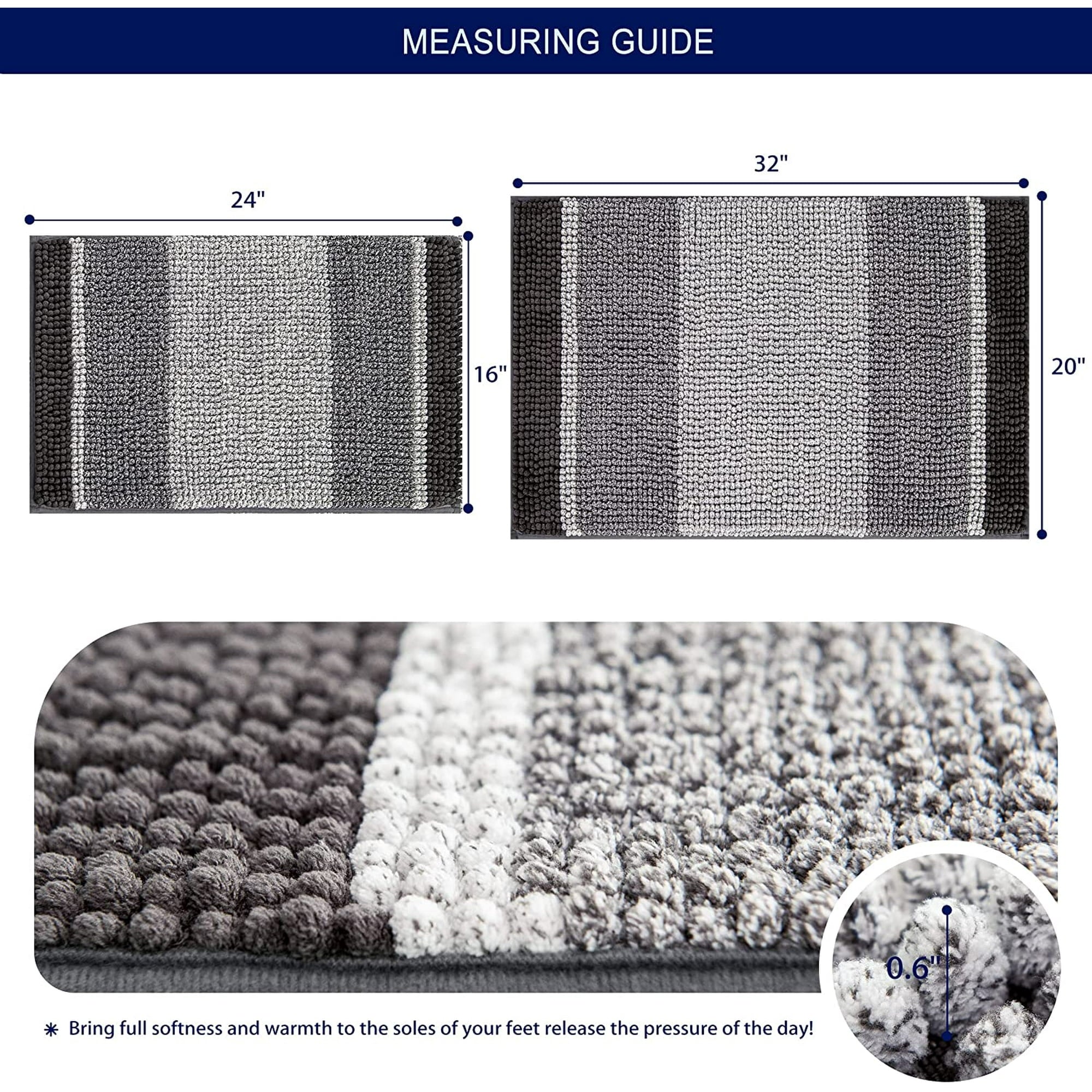 Bathroom Rugs Chenille Gradient Stripe Soft Plush Water Absorbent Shower Mat (20"x32", Gray) (Set of 3)