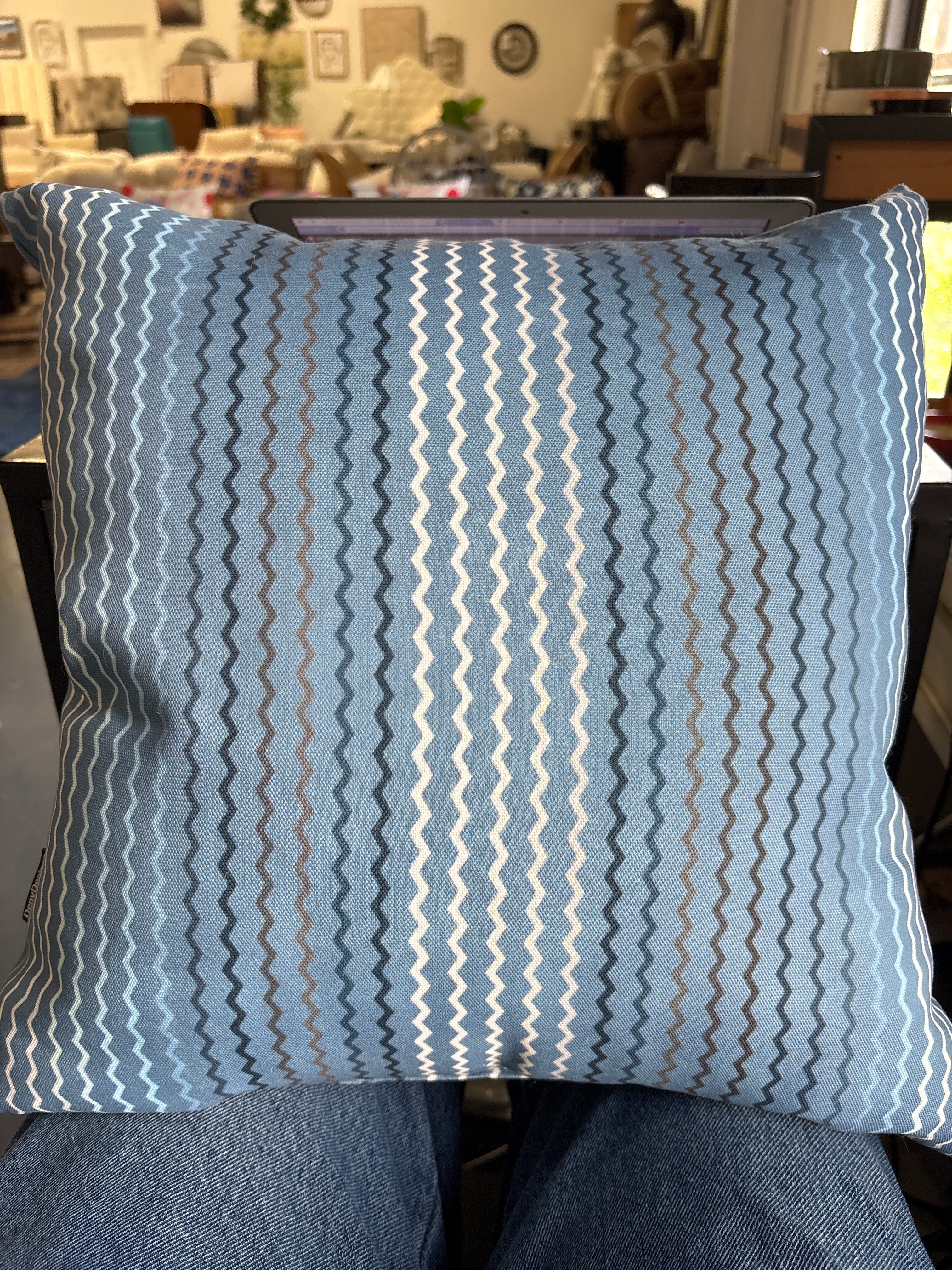 16"x16" Zig Zag Stripes Outdoor Throw Pillow - Blue/Gray SHOWROOM ITEM