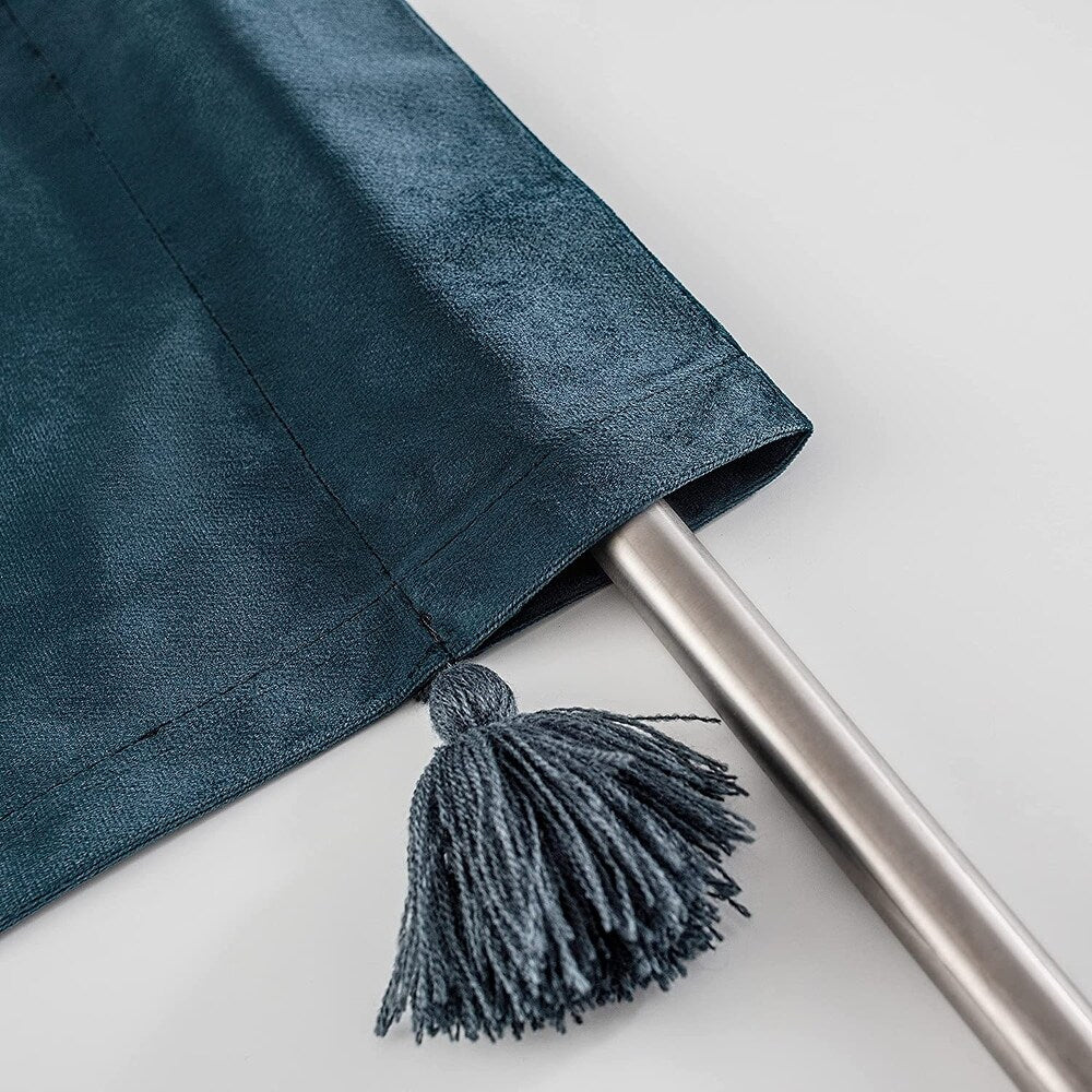 Boho Velvet Handmade Tassel Curtain Room Darkening Thermal Insulated Window Curtains - Peacock Blue