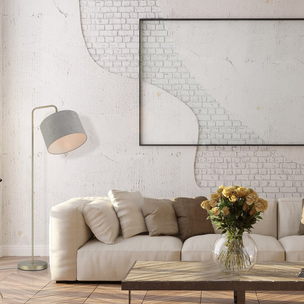 Barden Floor Lamp with Linen Shade - Brass Lamp w/Light Gray Velvet Shade