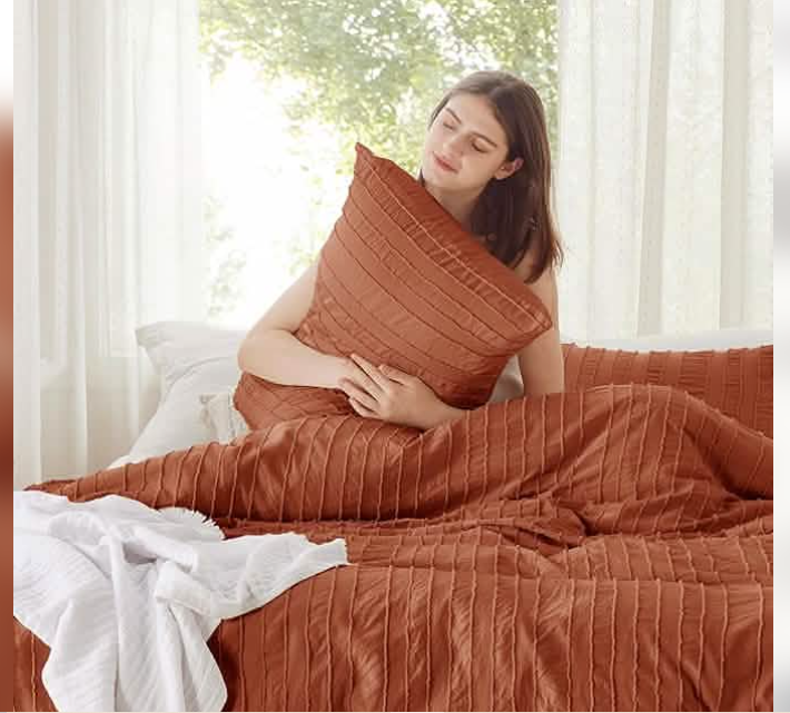 Striped Tufted Embroidery Duvet Cover Set - Queen - Terracotta