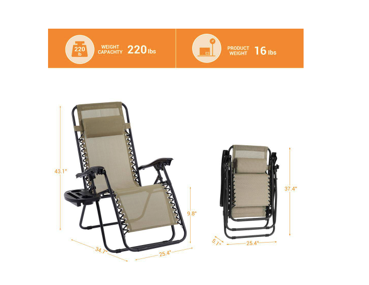 Beige Zero Gravity Folding Chair Patio Recliner with Adjustable Headrest And Side Tray (Set of 2 Chairs)