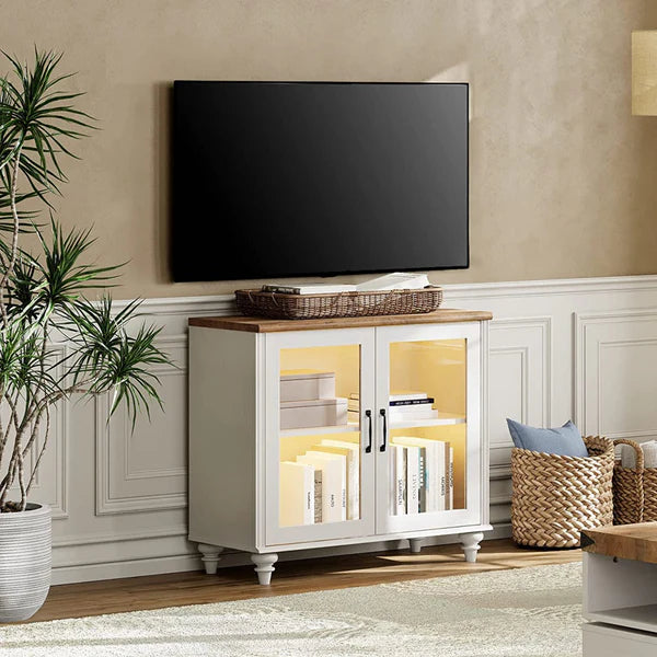 34"TV Stand for 43 Inch TV with Yellow LED Light, Kitchen Sideboard Buffet Cabinet with Glass Door for Dining Room, Off White