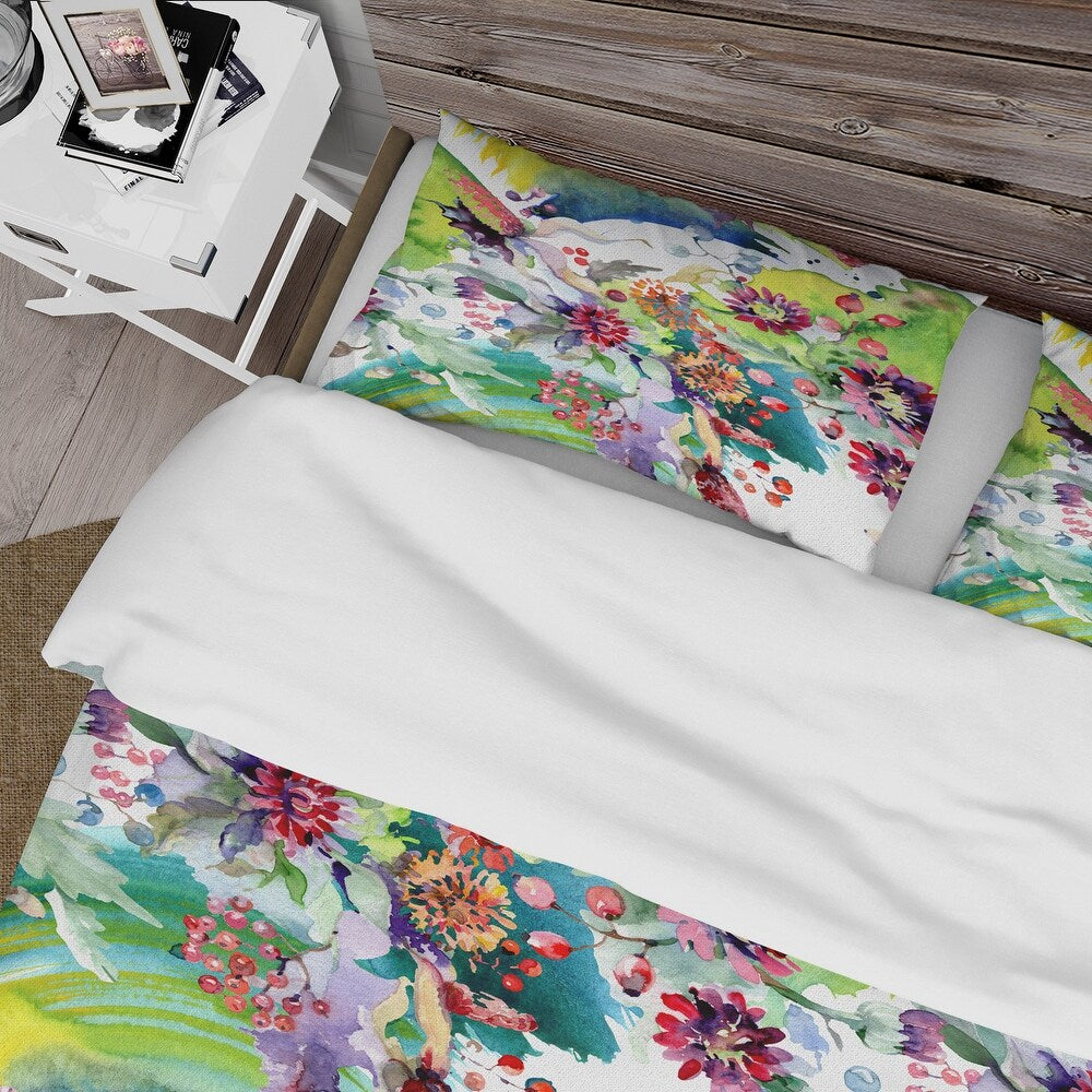 'Vibrant Wild Spring Leaves and Wildflowers X' Modern Duvet Cover Set - Full - Queen