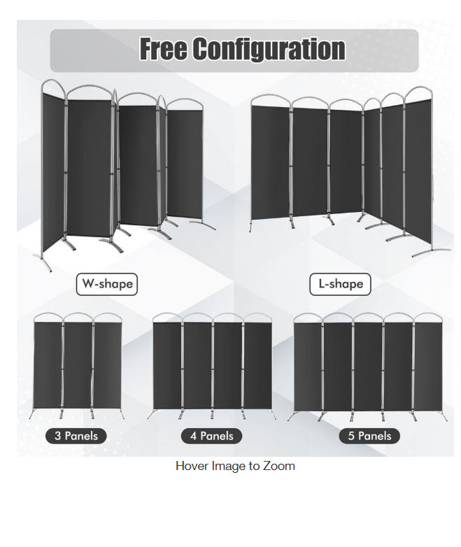 6-Panels Folding Privacy Screen Fabric Privacy Screen for Home in Grey