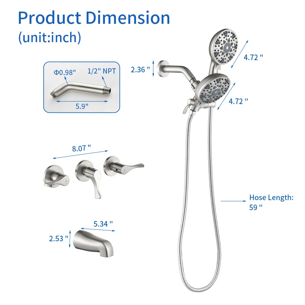 3 Handle Shower Faucet Set With Tub Spout Bathtub Combo Set