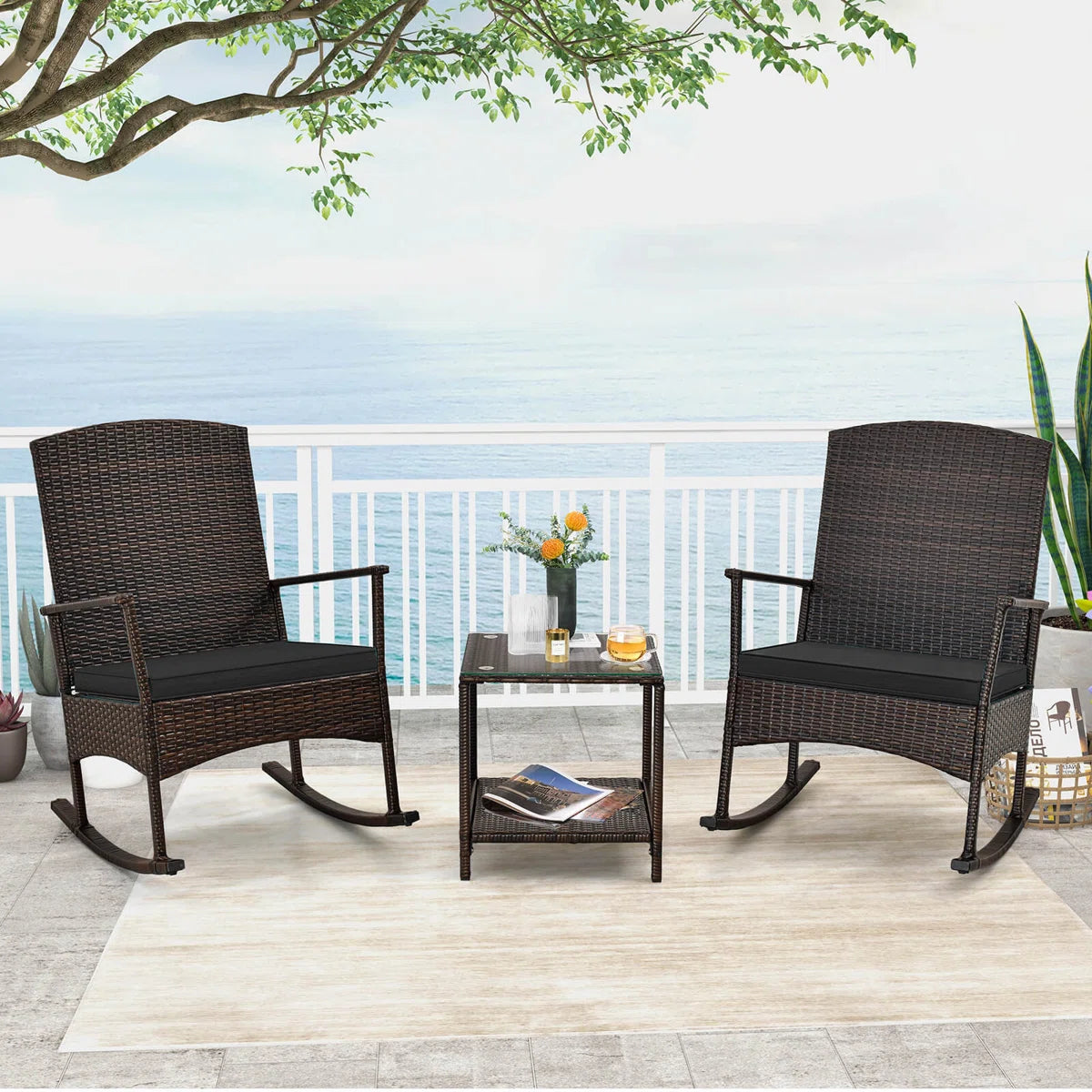 3 PCS Patio Rocking Set Wicker Rocking Chairs Coffee Table SHOWROOM ITEM