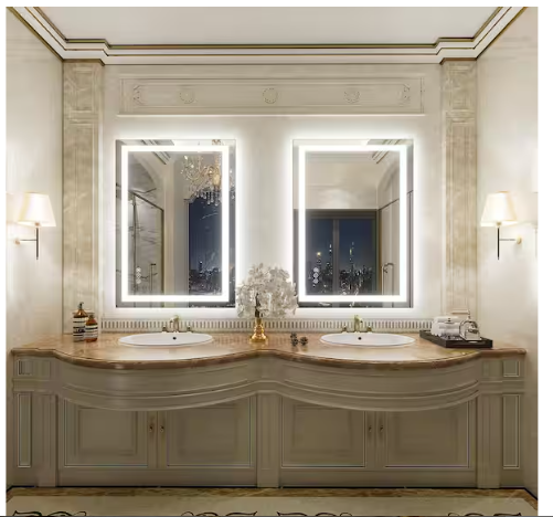 Rectangular Frameless Front & Back LED Lighted Anti-Fog Tempered Glass Wall Bathroom Vanity Mirror