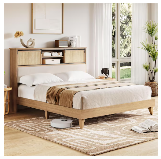 Rattan Bed Frame King with Shelves Boho Headboard Sliding Door 2-BOXES