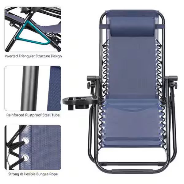 2-Piece Dark Blue Zero Gravity Black Metal Lawn Chair Set Adjustable Folding Beach Chair with Pillows and Cup Holders