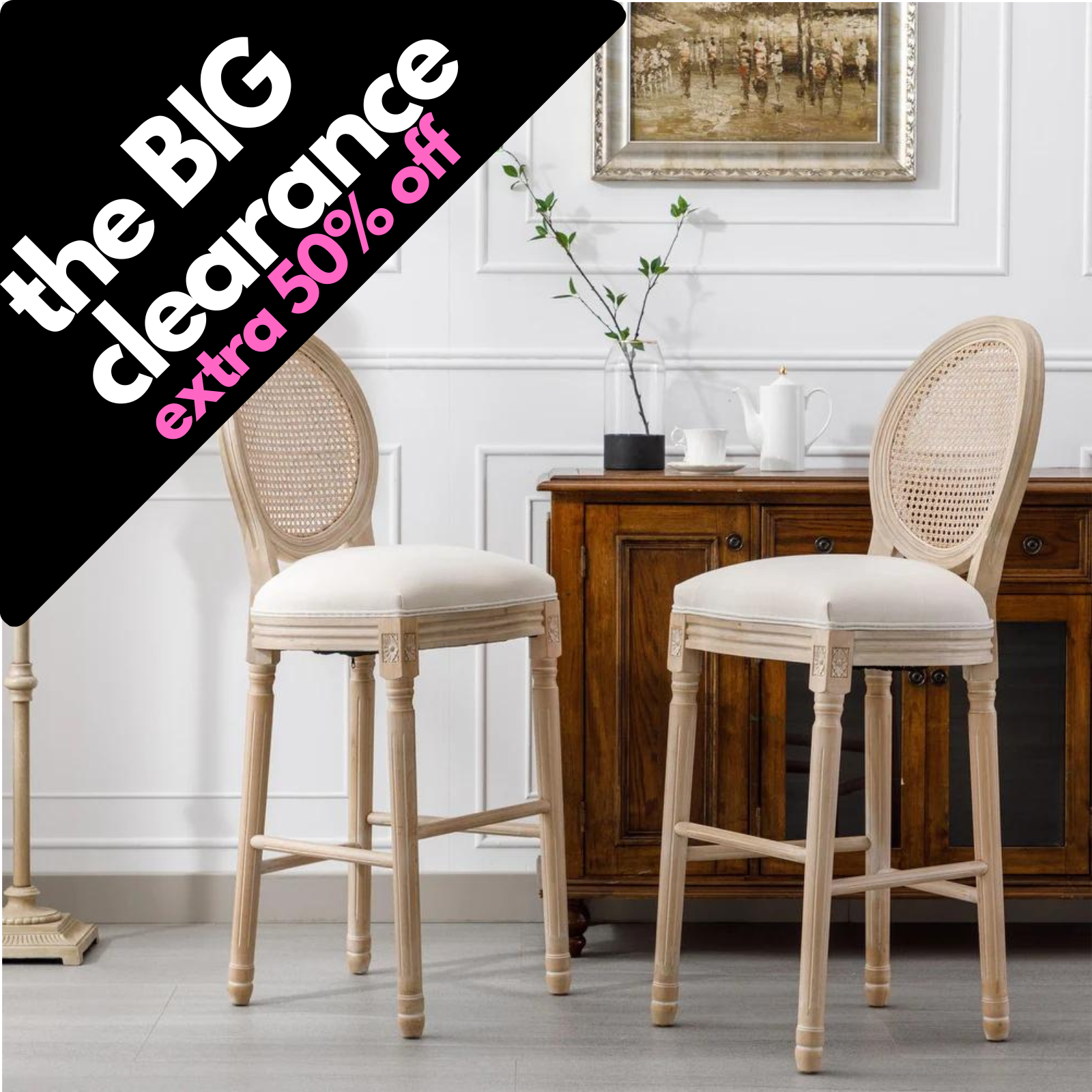 Wooden Barstools, Rattan Back Upholstered Seating Accent Chairs, French Country Style Bar Chairs Set for 2 - Cream