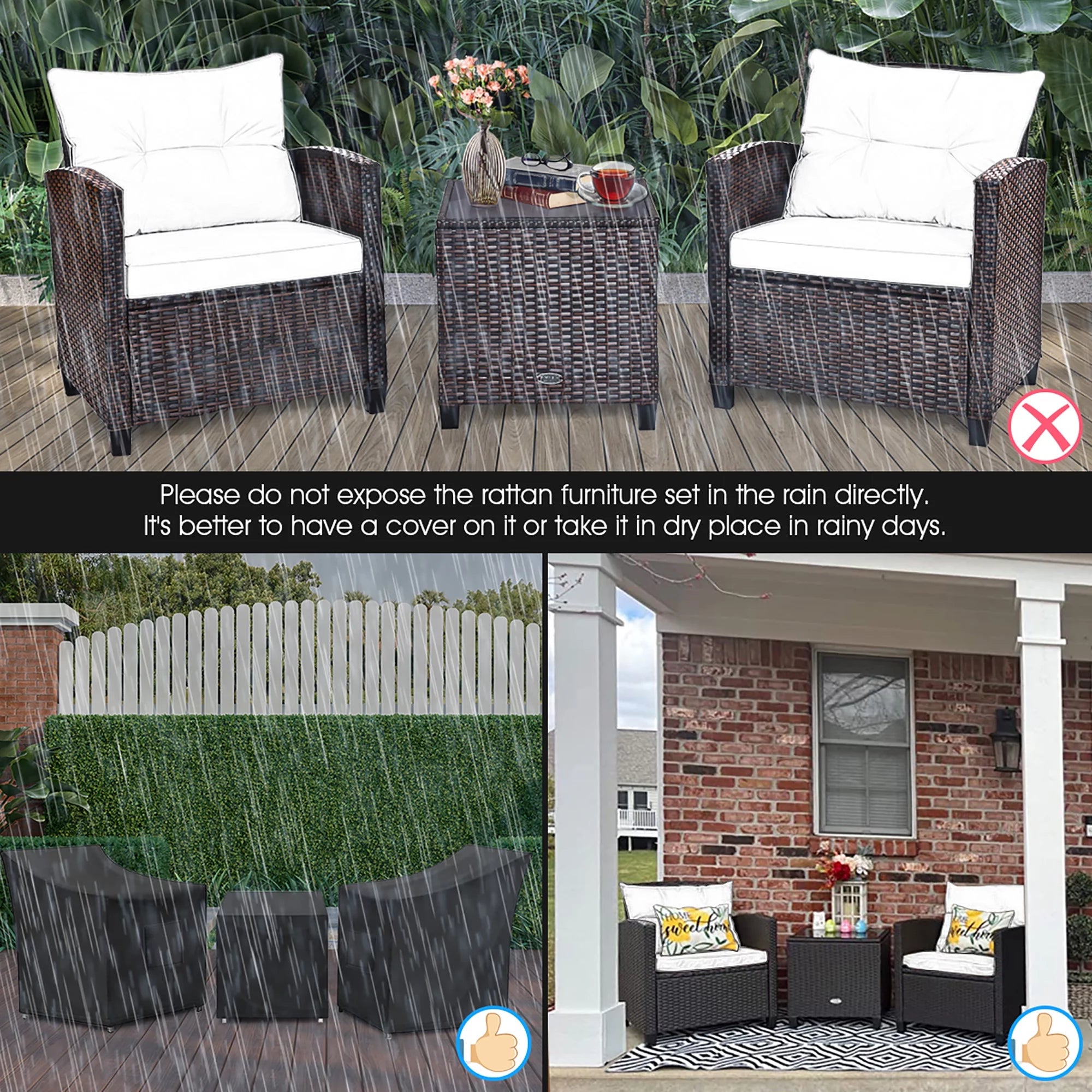 3PCS Patio Rattan Furniture Set Cushioned Conversation Set Sofa Coffee Table Red