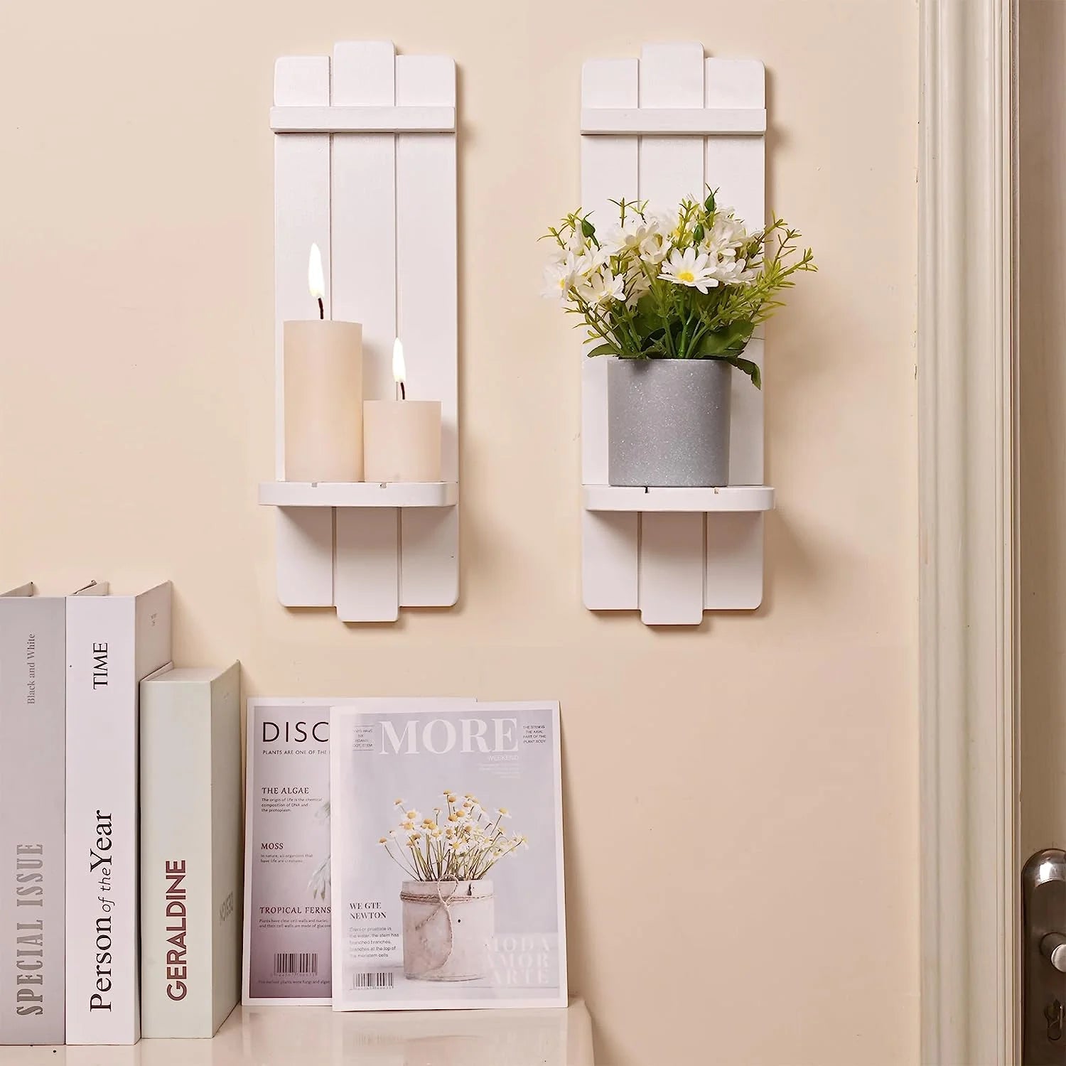 Sconces Set of 2, Large Candle Holder Rustic Shelf White Wall Decor