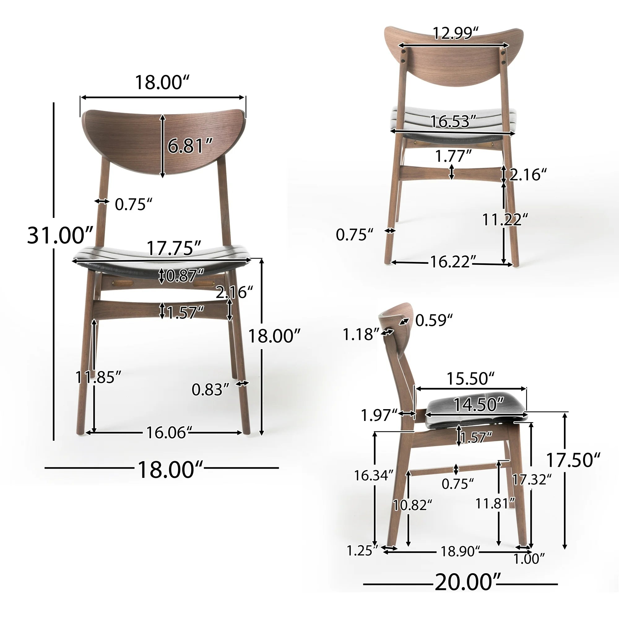 Ava Mid Century Modern Bonded Leather Dining Chairs, Set of 2, Dark Brown