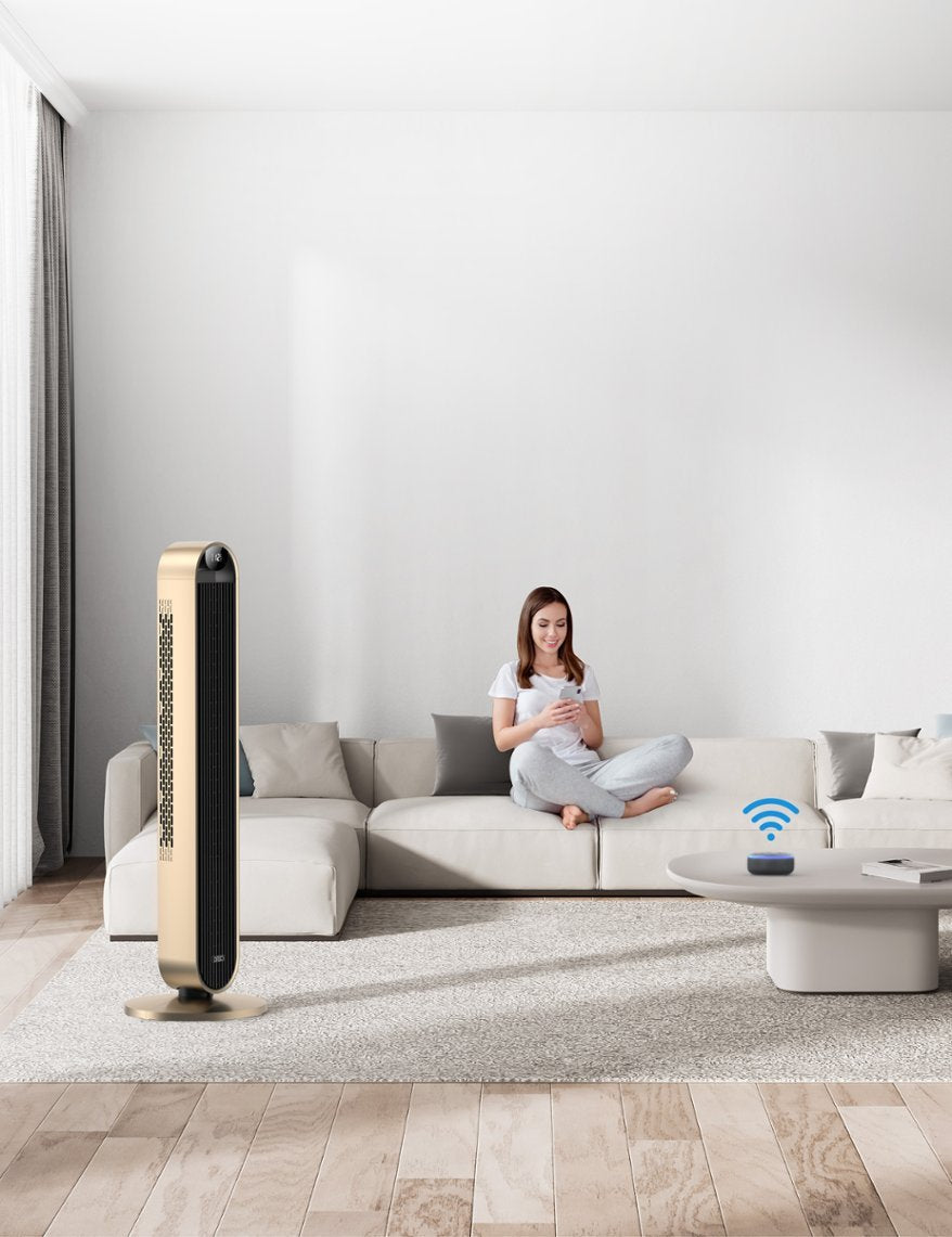 120°Oscillating Bladeless Fan for Bedroom, 25dB Quiet DC Motor, Standing Fan with Remote, 12 Hyper Wind Speeds - Gold