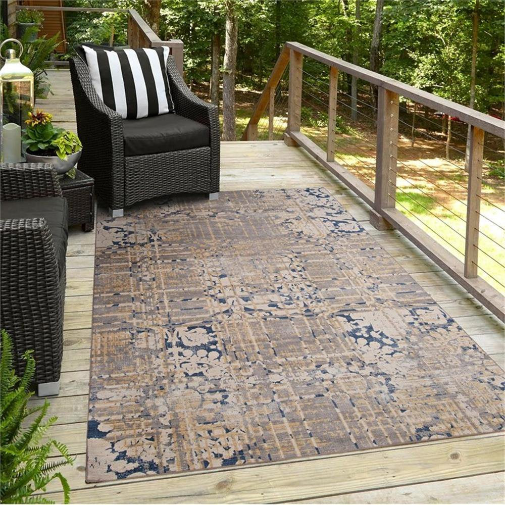 Indoor Outdoor Machine Washable Anthia Area 5'x7' Rug in Navy and Sand