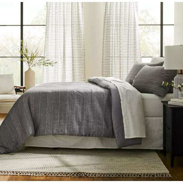 Blanket Stitch Curtain Panel Dark Gray/Cream