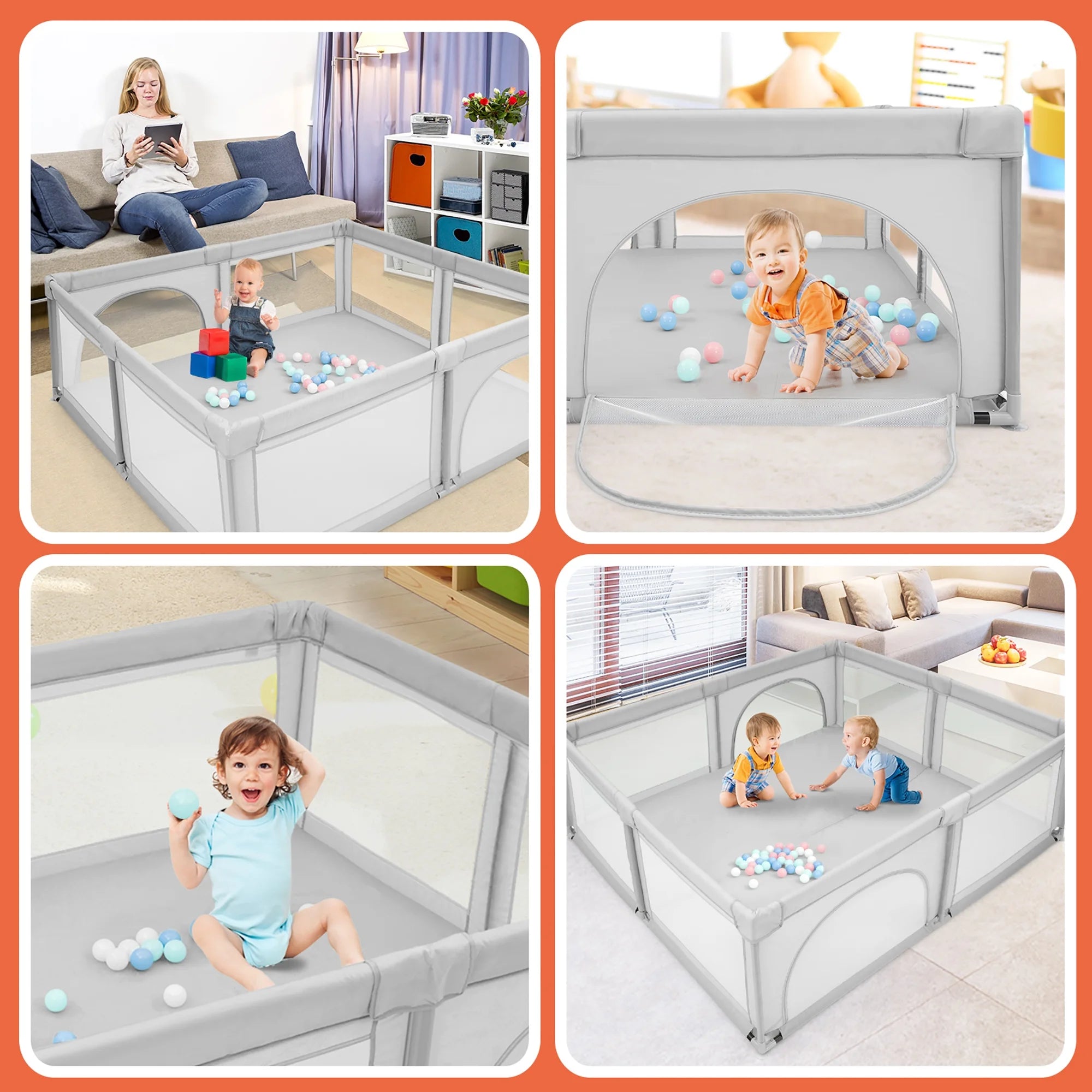 Baby Playpen Infant Large Safety Play Center Yard with 50 Ocean Balls Grey