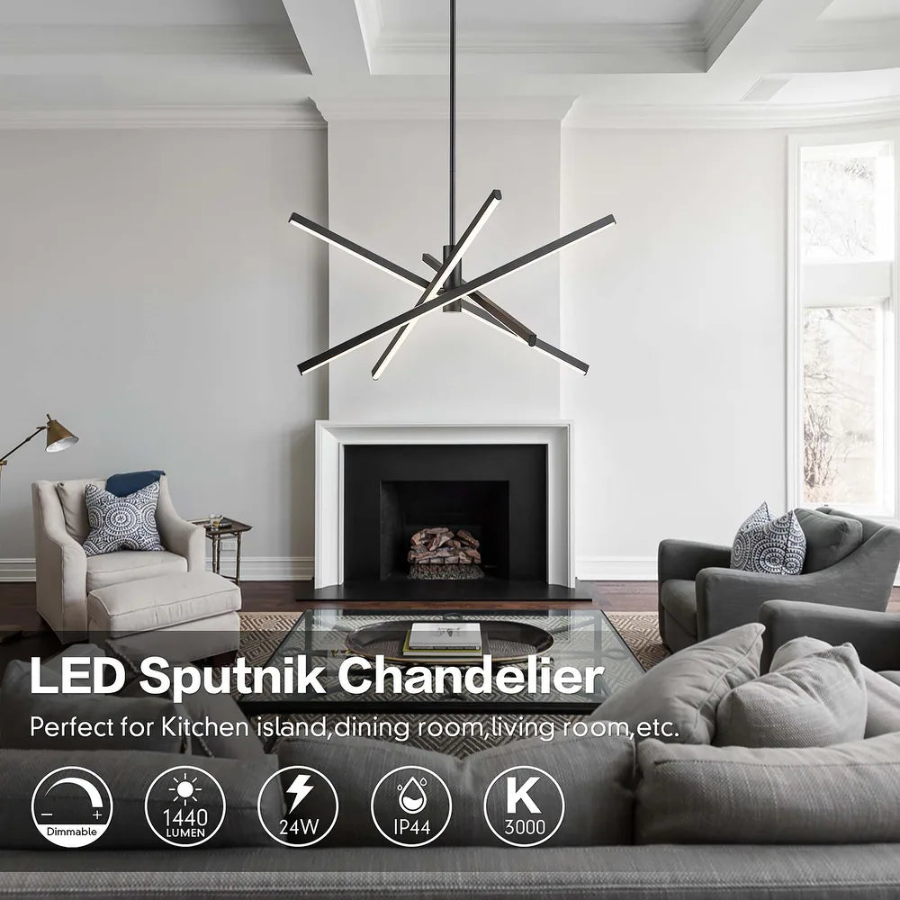 4-Light Modern Aluminum Dimmable LED Linear Sputnik Chandelier for Dining Room - Black
