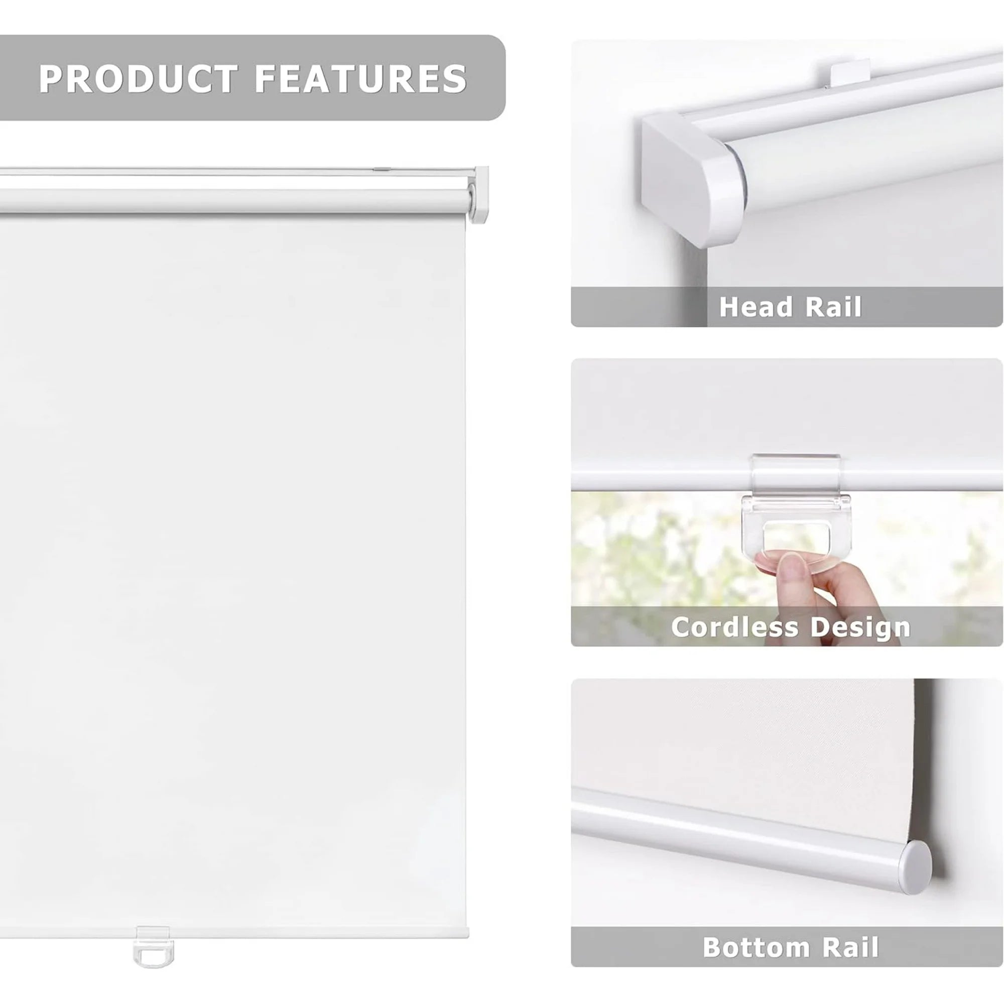 No Tools No Drill Cordless Roller Shades, White