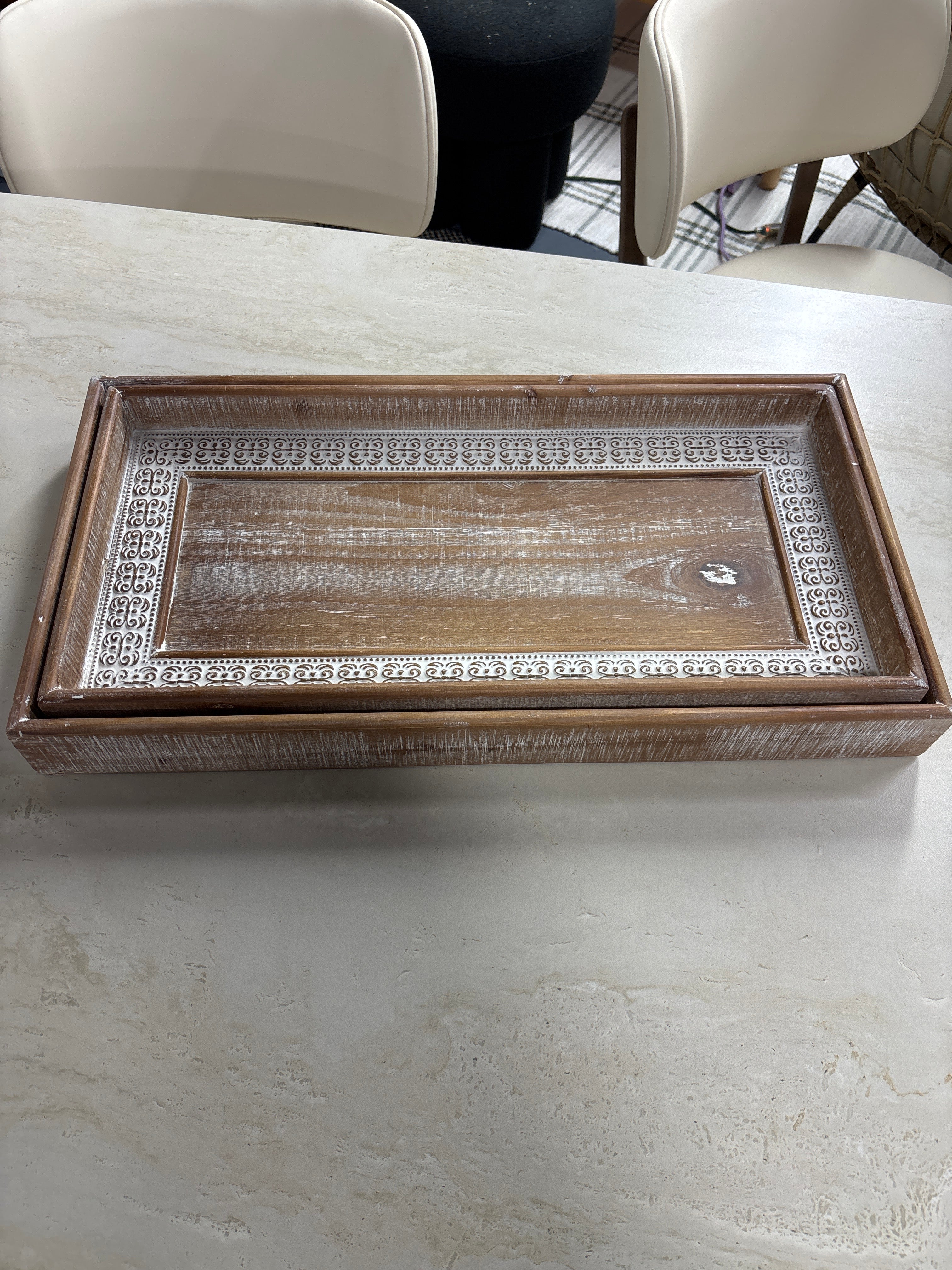 (Set of 2) Brown Wood Decorative Tray with White Wash SHOWROOM ITEM