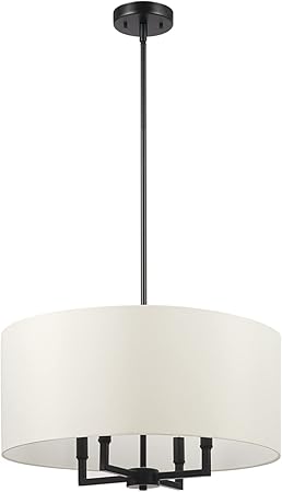 4-Light Chandelier, Matte Black, Beige Fabric  for Dining Room, Ceiling Light Fixture, Lights for Room Décor, Bulb Not Included