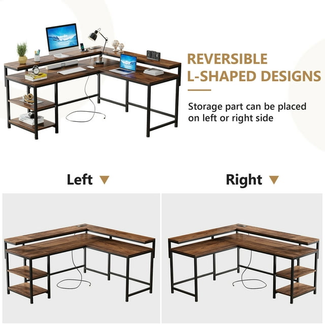L Shaped Desk with Power Outlets, Corner Desk L Shaped Computer Desk with Monitor Stand and Storage Shelves, Brown