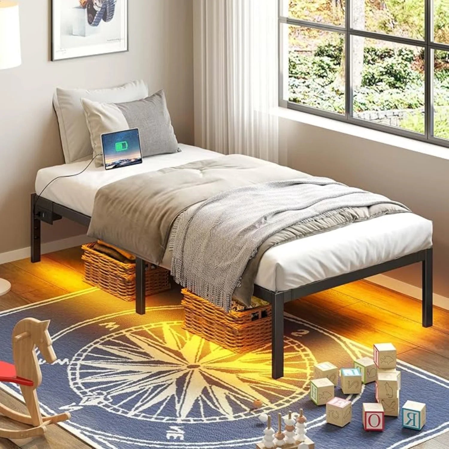 Bed Frame with USB Charging Station, Twin Bed Frame with LED Lights, Platform Bed Frame with Heavy Duty Steel Slats, 14" Storage Space Beneath Bed