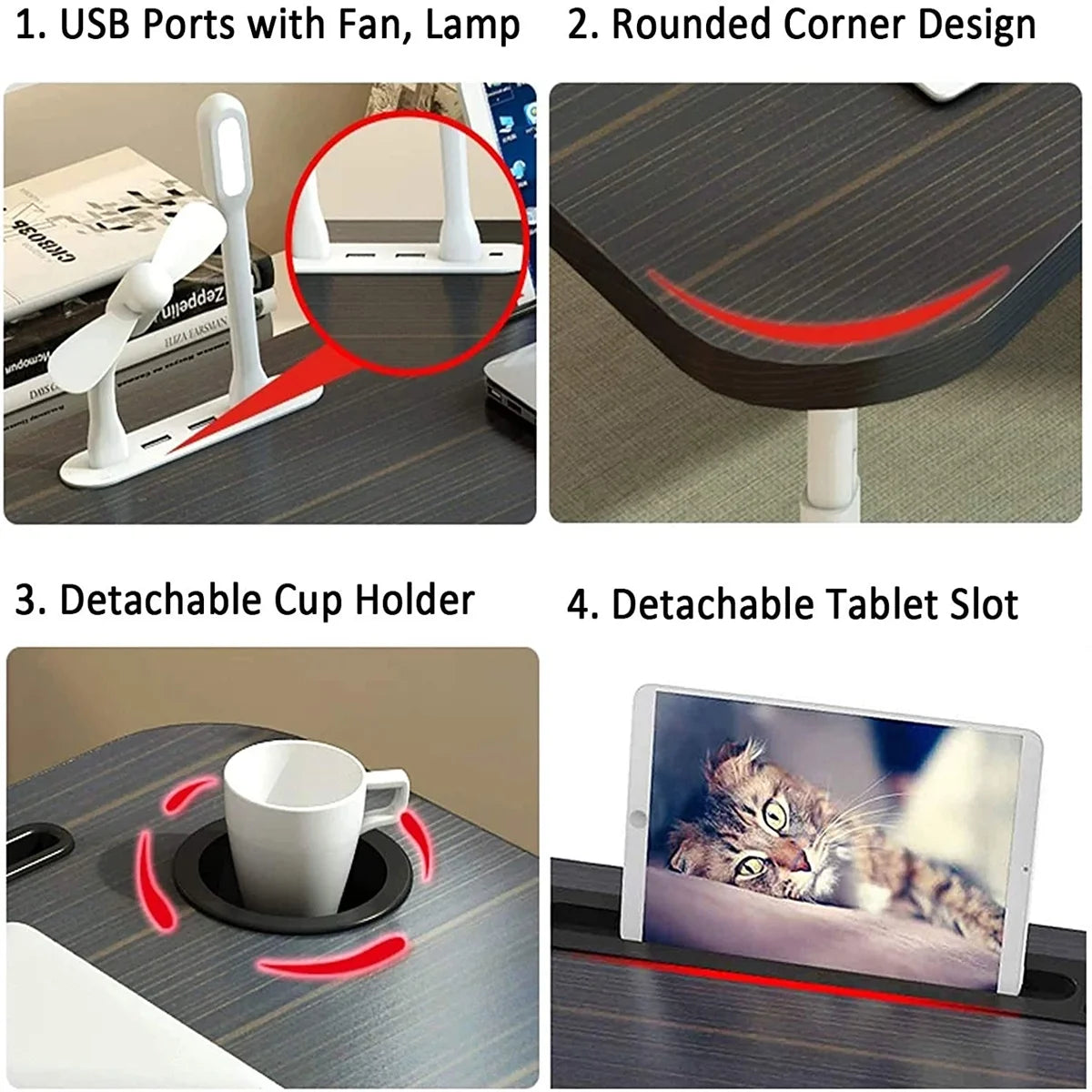 Foldable Lap Desk for Bed, Bed Tray Table with 4 USB Ports, Holder Slots, Cup Holder and Drawer, Laptop Desk Table with Mini Lamp, Fan, Portable Notebook Table Stand for Laptop, Tablet, Black