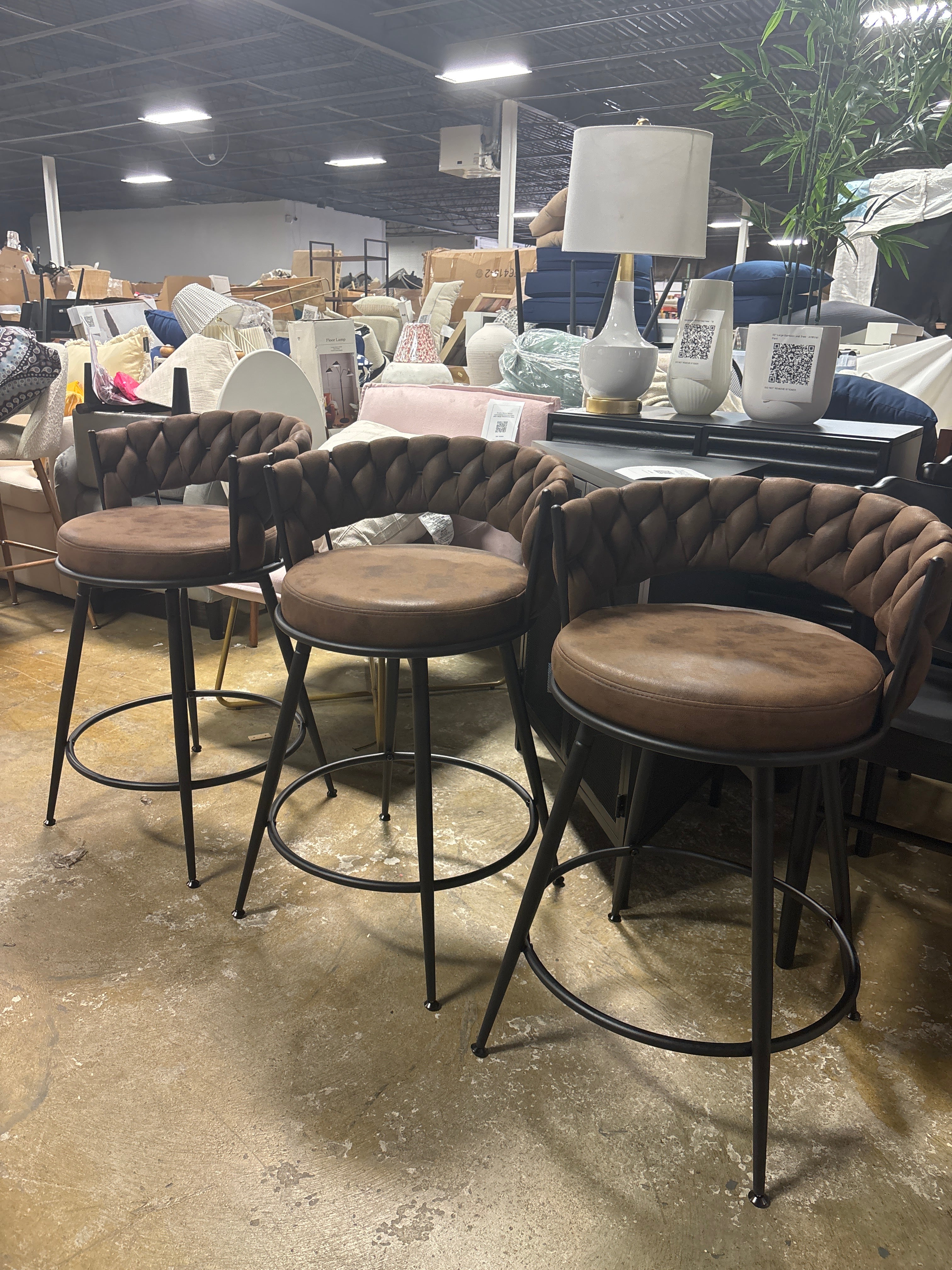 (Set of 3) 28" Swivel Suede Fabric Bar Stool with Woven Back and Footrest - Dark Brown SHOWROOM ITEM