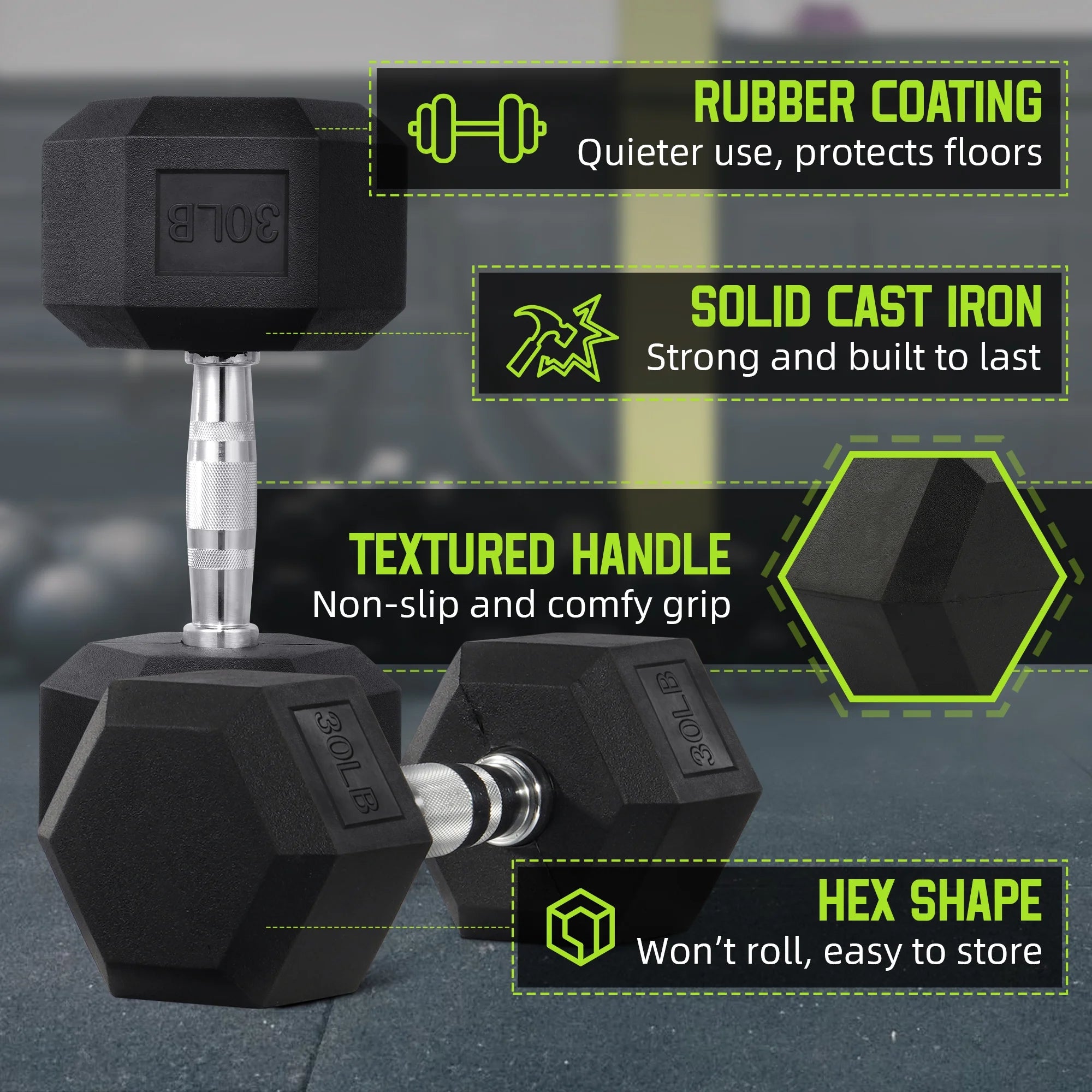 Rubber Hex Dumbbells, 1-Piece, Black