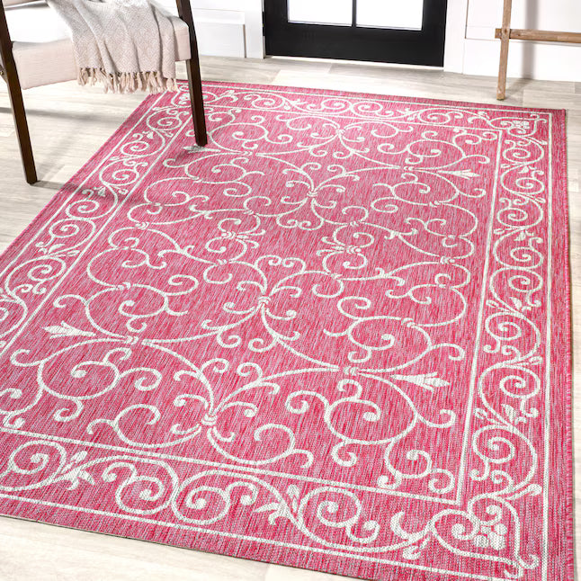 4x6 Fuchsia/Light Gray Rectangular Indoor/Outdoor Medallion French Country Pet Friendly Area rug