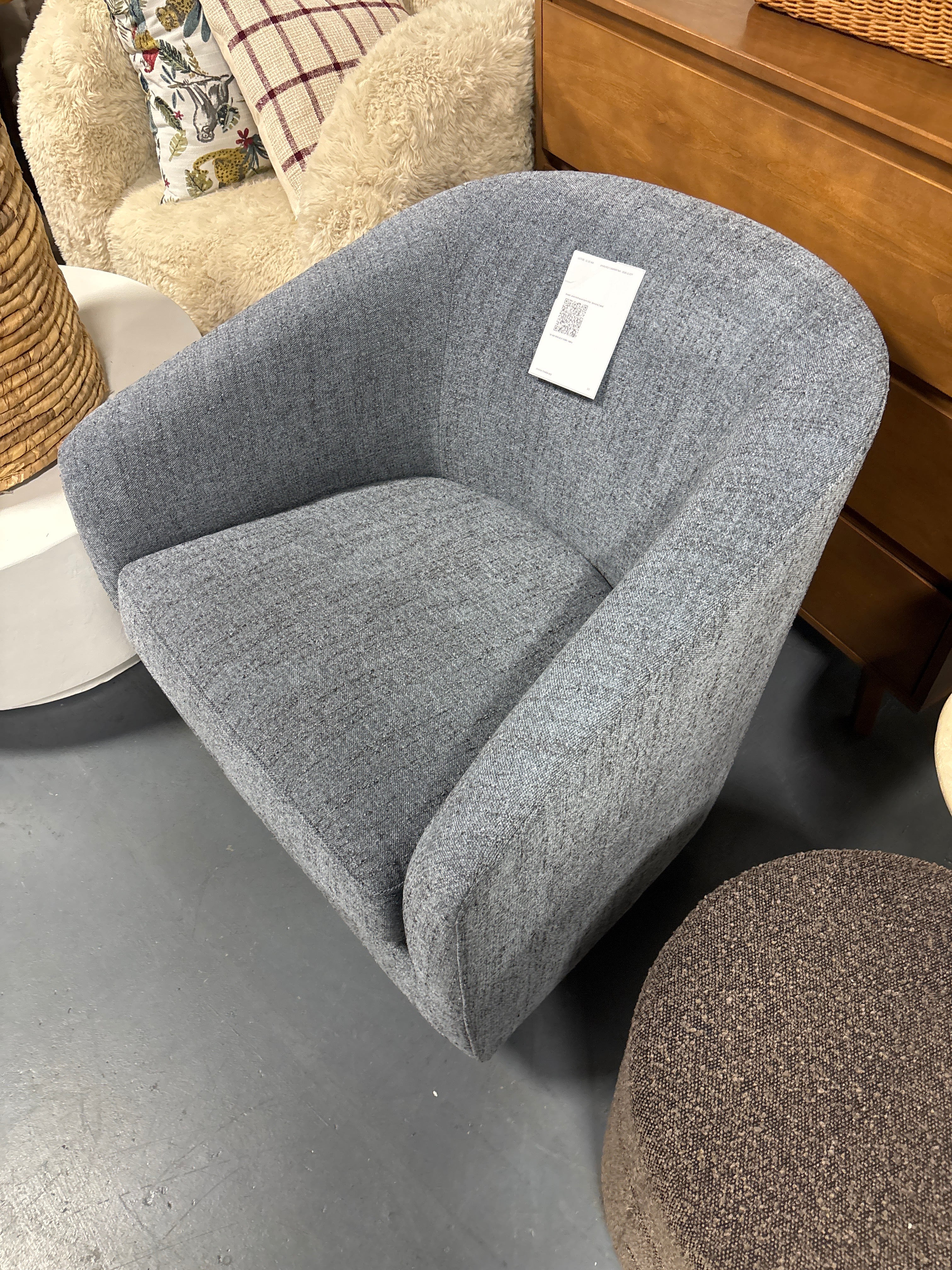 Bennett Upholstered Swivel Barrel Chair - Dark Grey Tweed SHOWROOM ITEM