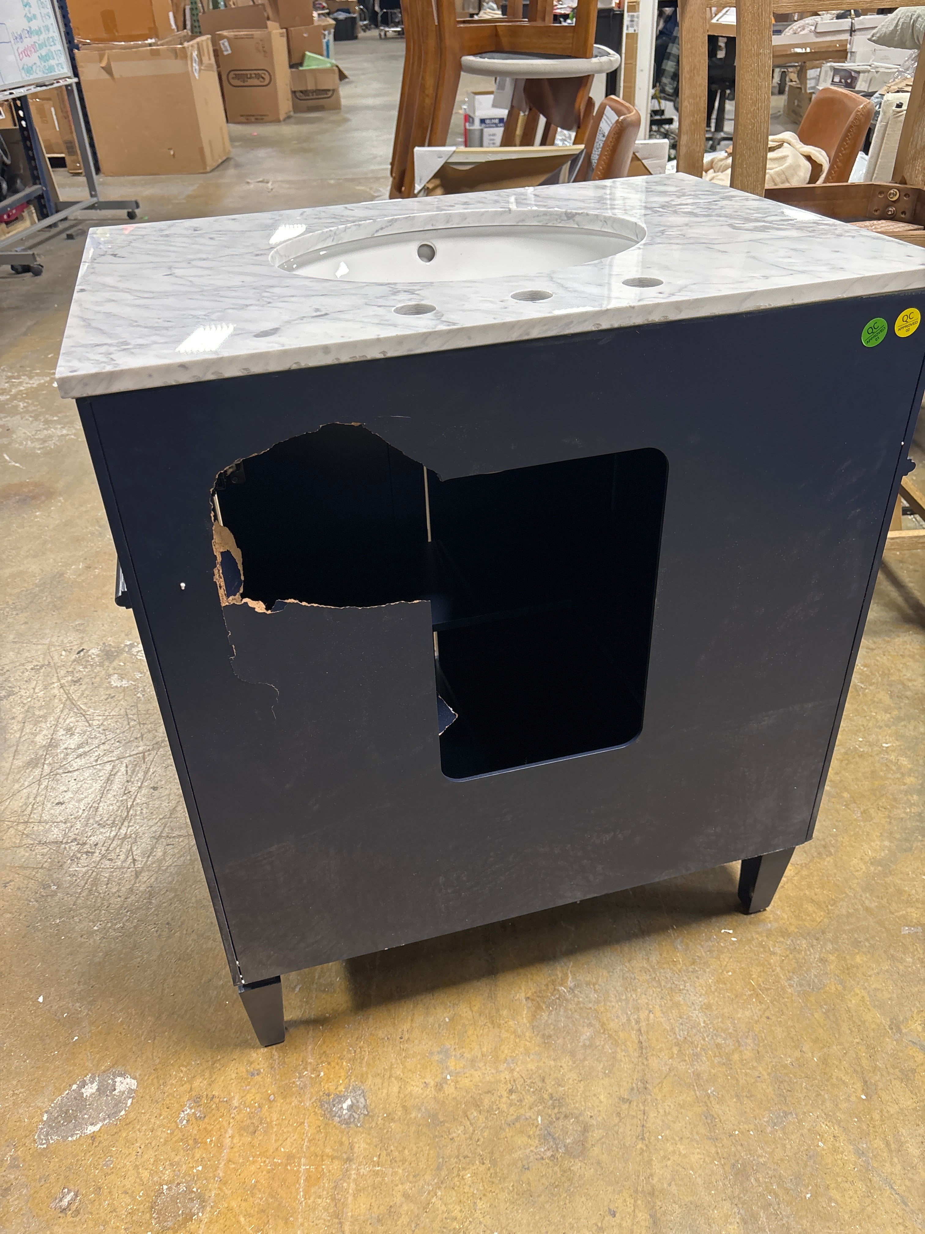 30" Blue Undermount Single Sink Bathroom Vanity with Cararra White Marble Top SHOWROOM ITEM