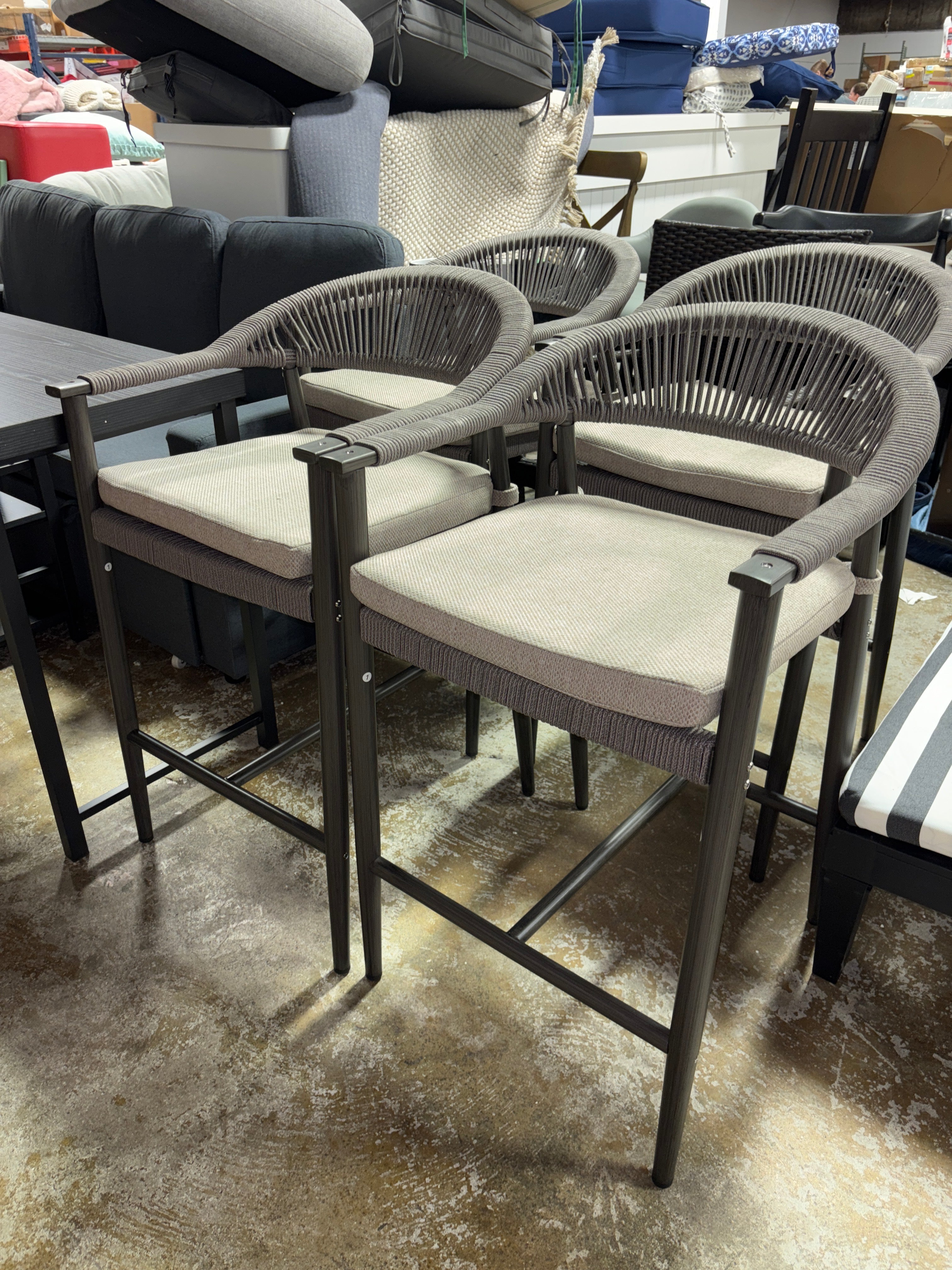 (Set of 4) 24.8'' Olefin Outdoor Rope Woven Bar Chairs with Footrest SHOWROOM ITEM
