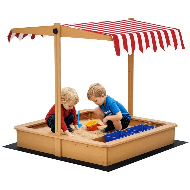 Outsunny Kids Wooden Sandbox with Adjustable Height Cover and Toy Bin Storage