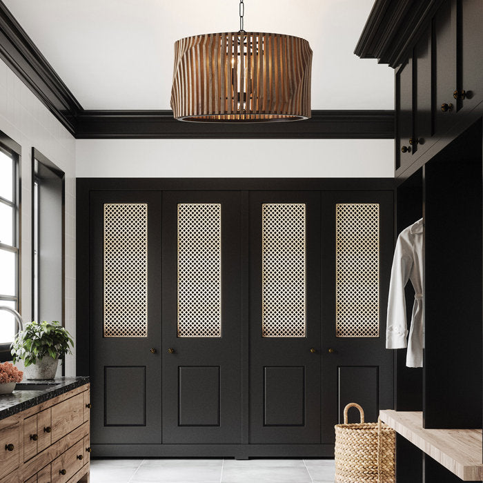 4 - Light Wood And Matte Black Shaded Pendant