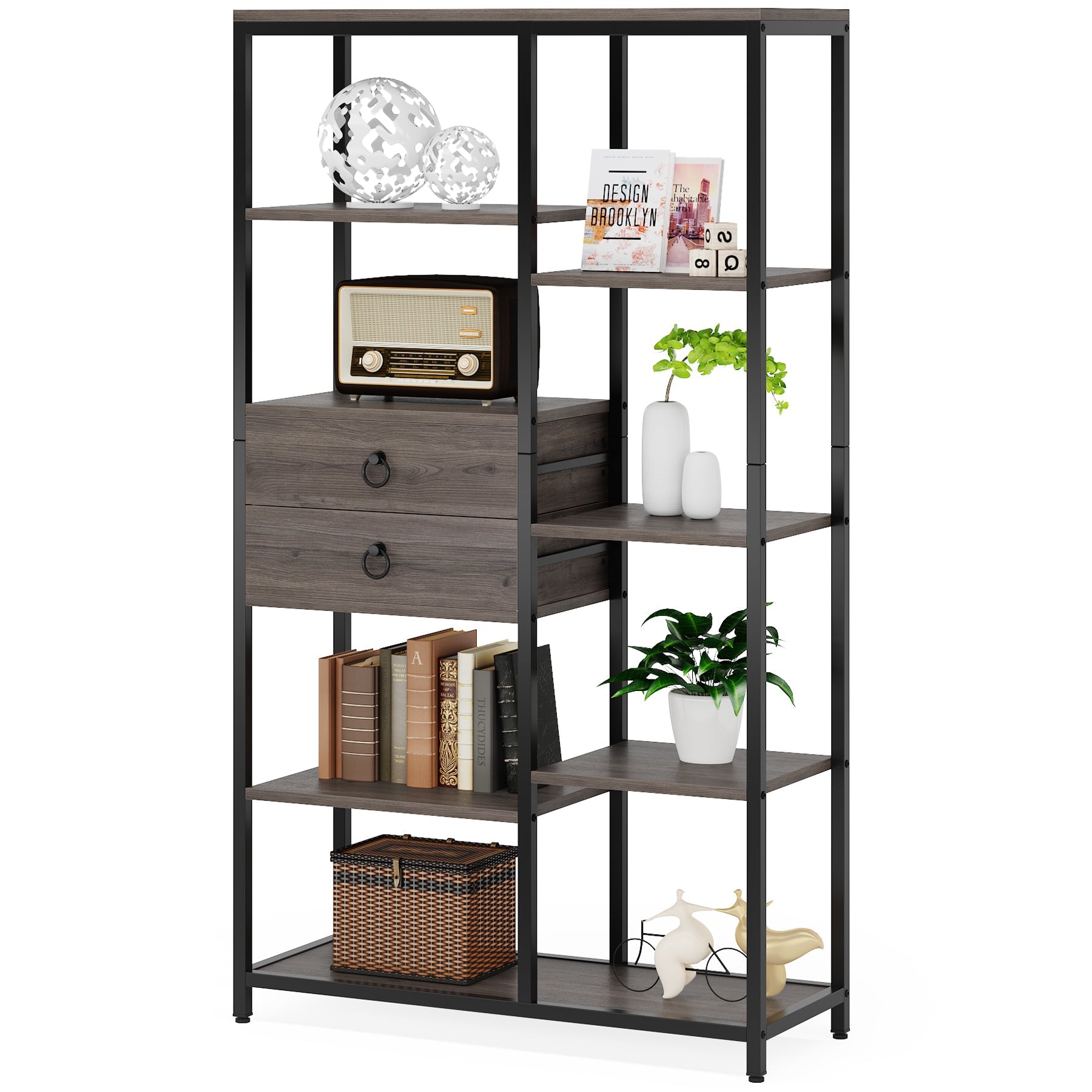 Bookshelf, 5 Shelf Etagere Bookcase with 2 Drawers