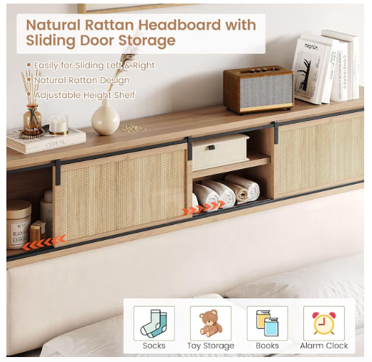 Rattan Bed Frame King with Shelves Boho Headboard Sliding Door 2-BOXES